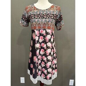 Sahalie Women's Bohemian Patchwork Floral Lace Trim T-shirt Dress Sz Large Artsy